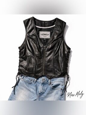 Black Leather Moto Vest UNIK Premium Lace-Up Biker Zip Up Edgy Chic M